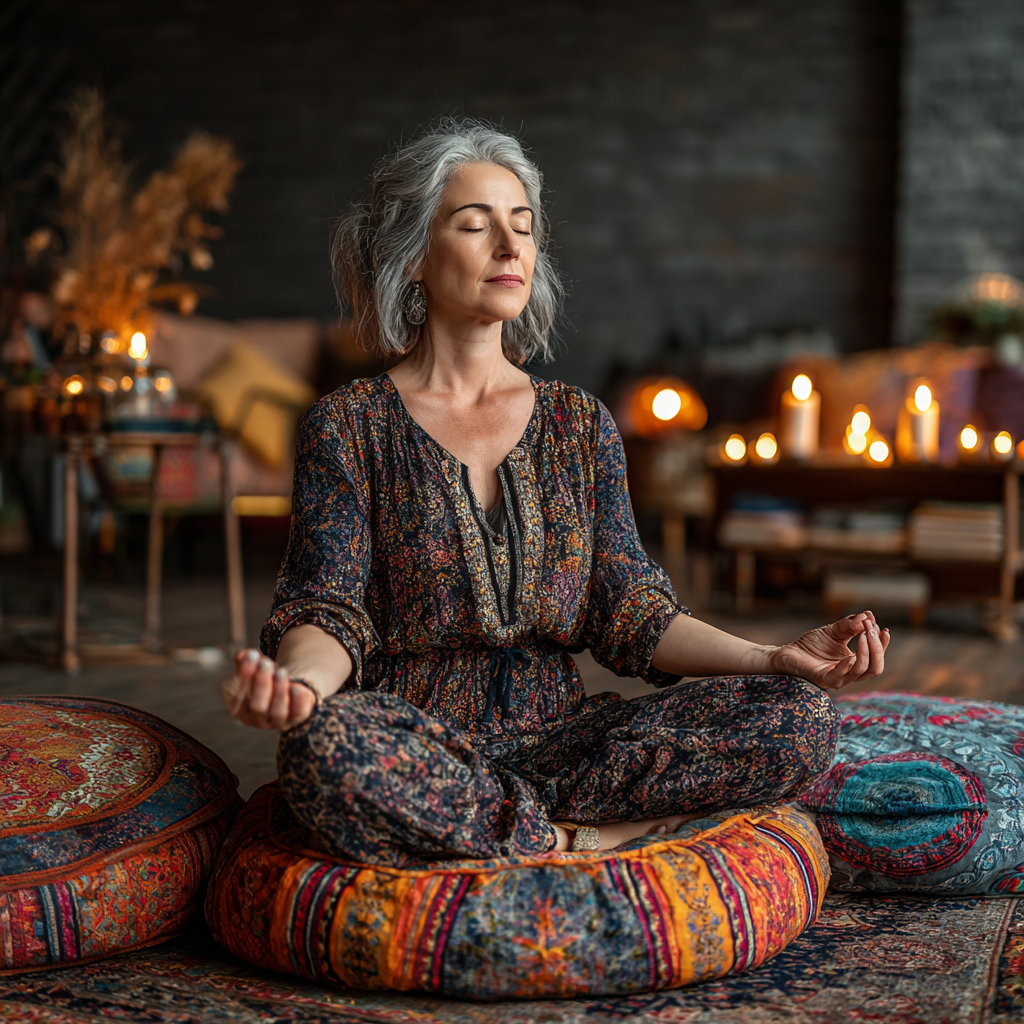 Femeie de 52 de ani șezând într-o poziție meditativă confortabilă pe perne colorate, cu ochii închiși și mâinile în mudra, într-o cameră liniștită cu lumânări
