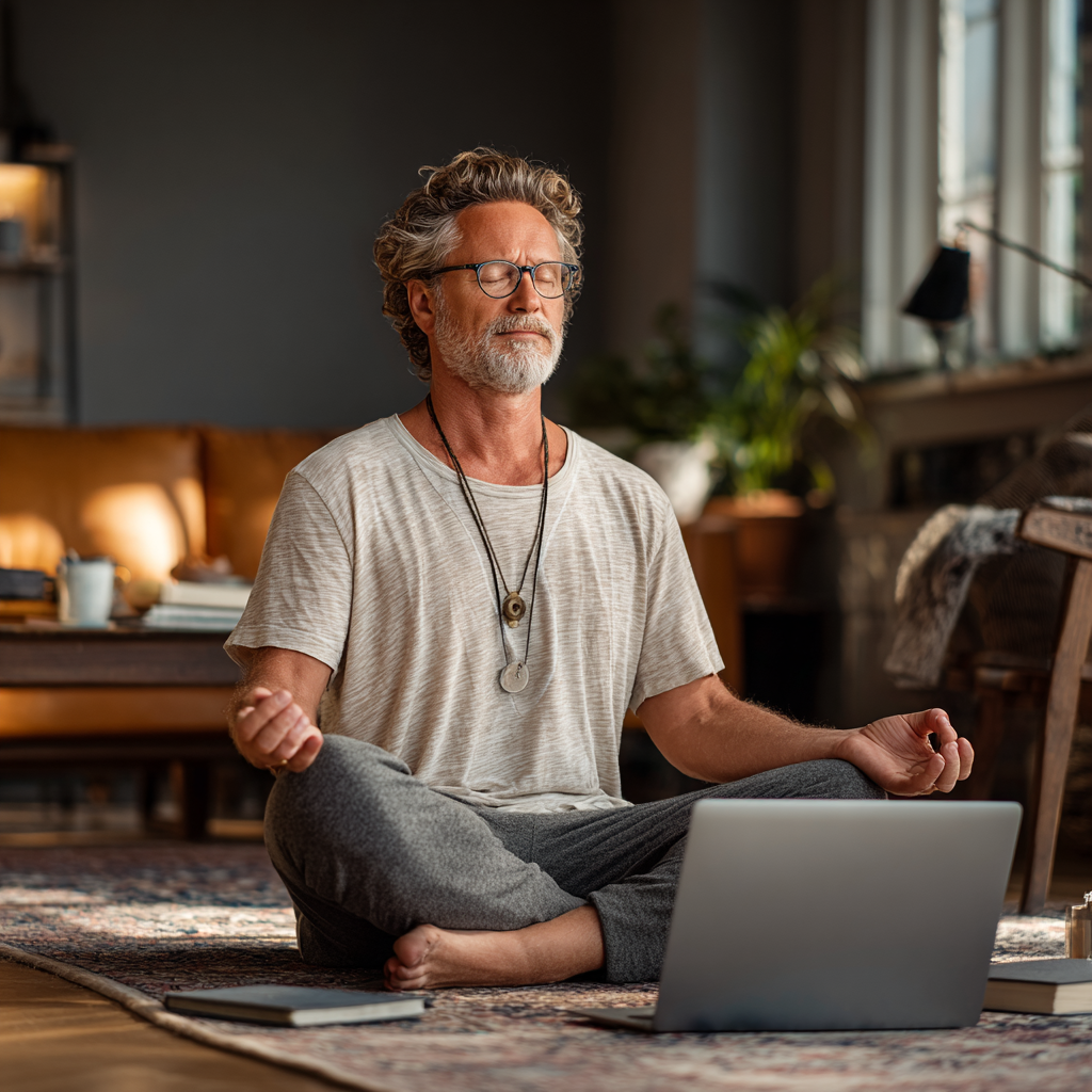 Bărbat de 58 de ani practicând yoga acasă în fața unui laptop deschis, urmărind o clasă online, pe o saltea de yoga în livingul său luminous