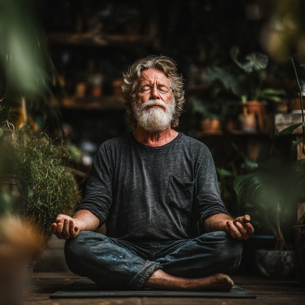 Bărbat de 60 de ani meditând în poziția lotus pe o saltea de yoga, cu ochii închiși și expresie pașnică, într-un cadru natural cu plante verzi